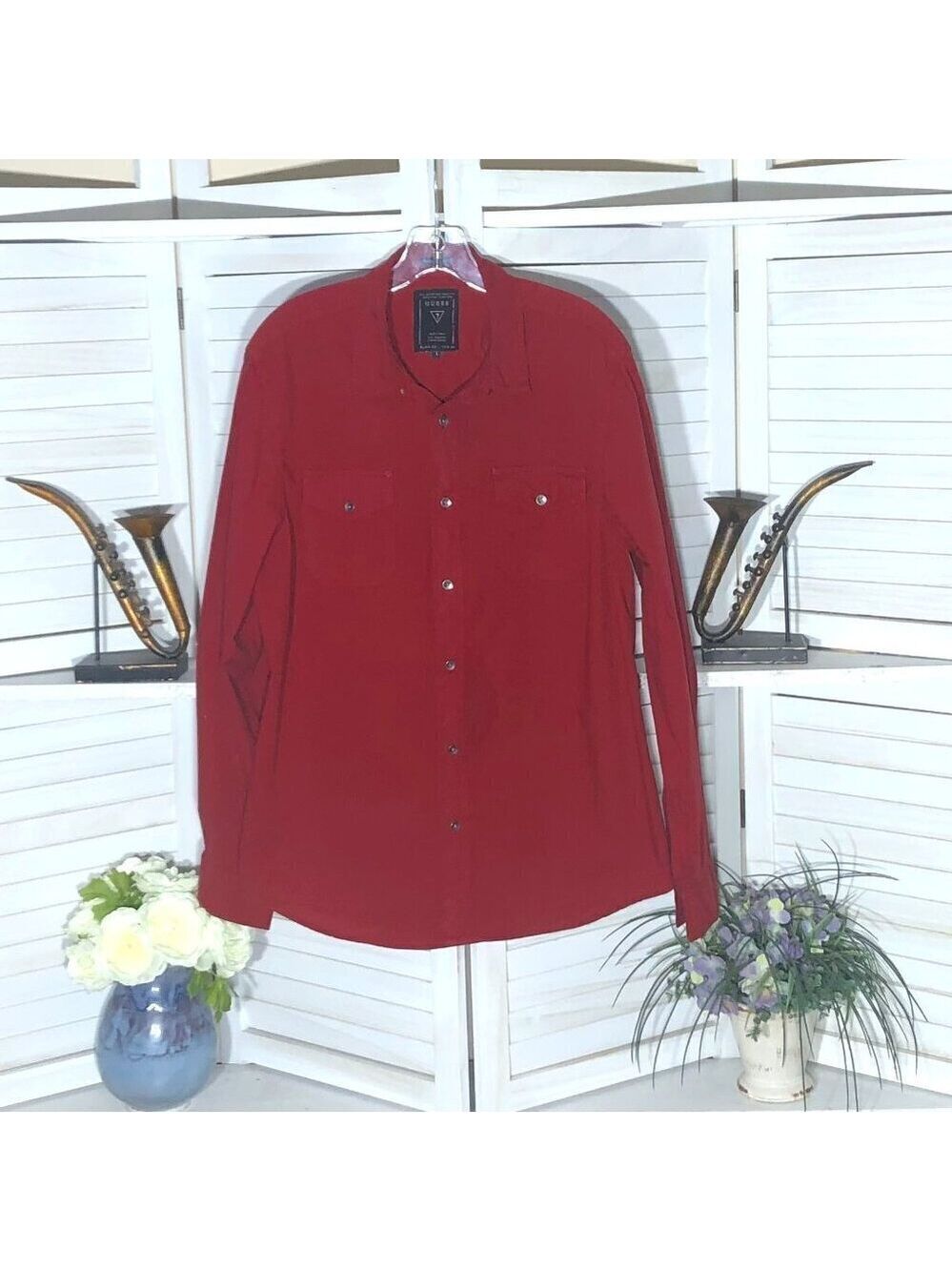 Guess Red Cotton Long Sleeve Button Down Shirt Large